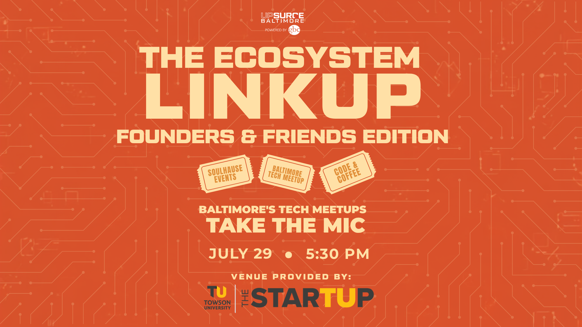Promotional graphic for The Ecosystem Linkup: Founders & Friends Edition, with yellow-orange text describing the event set against an orange background with light orange synapses.